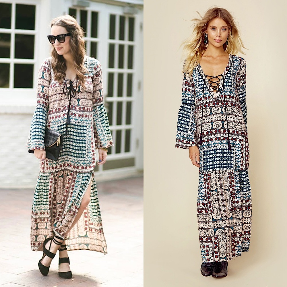 CLEOBELLA Tile Print Lace Up V-Neck Long Bell Sleeve Tier Ruffle Maxi Dress XS - Picture 1 of 8